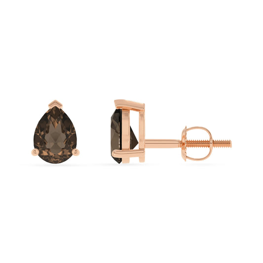 natural smoky quartz pear stud earrings in rose gold