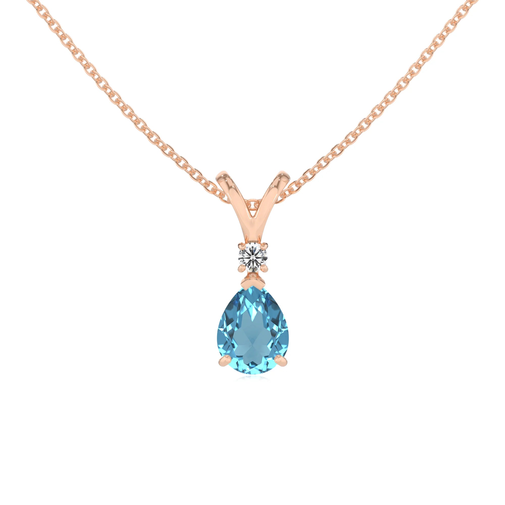 natural swiss-blue-topaz pear solitaire v-bale necklaces in rose gold