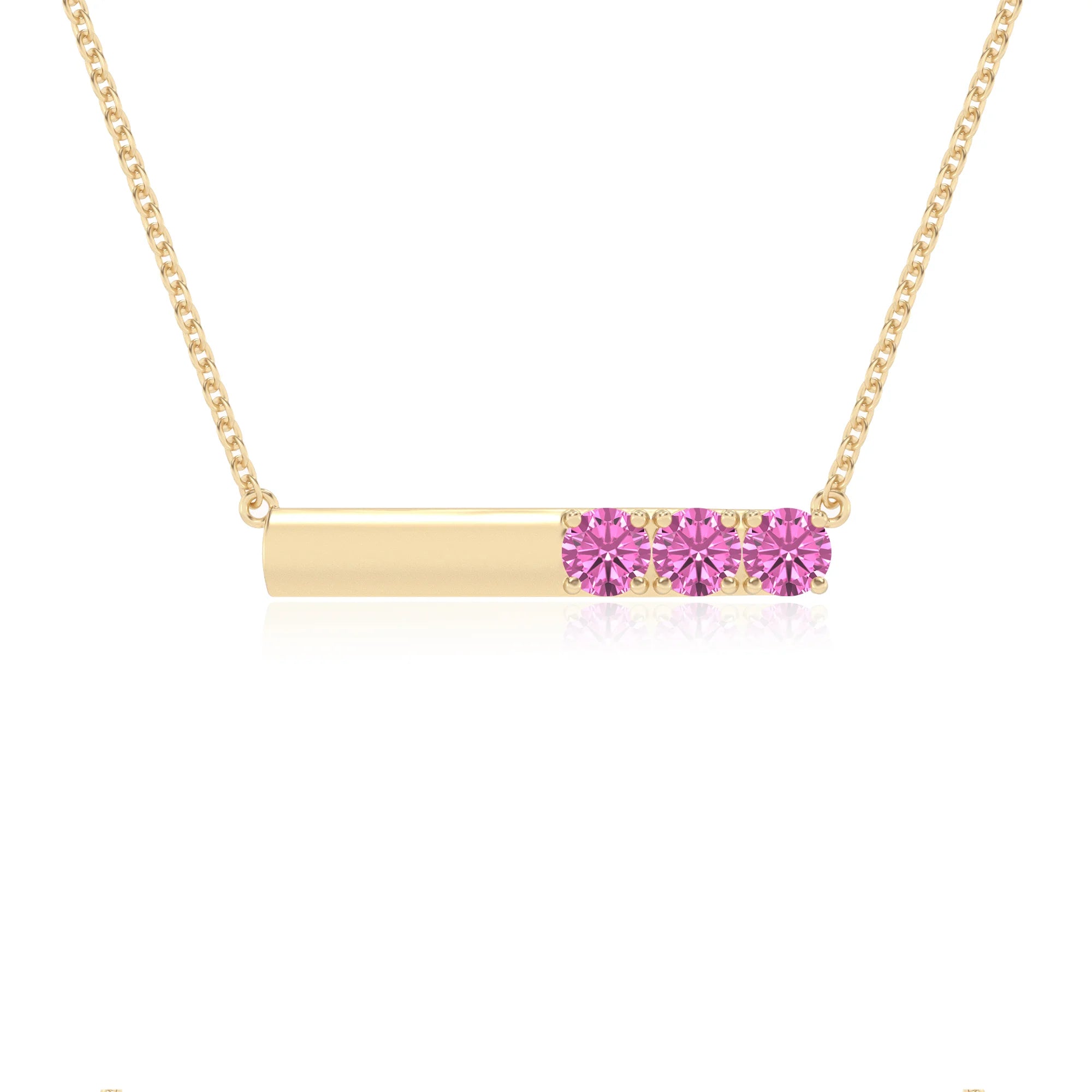 lab grown pink-sapphire round bar v-bale necklaces in yellow gold