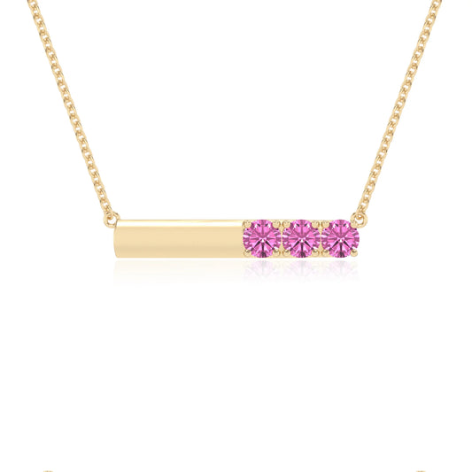 lab grown pink-sapphire round bar v-bale necklaces in yellow gold