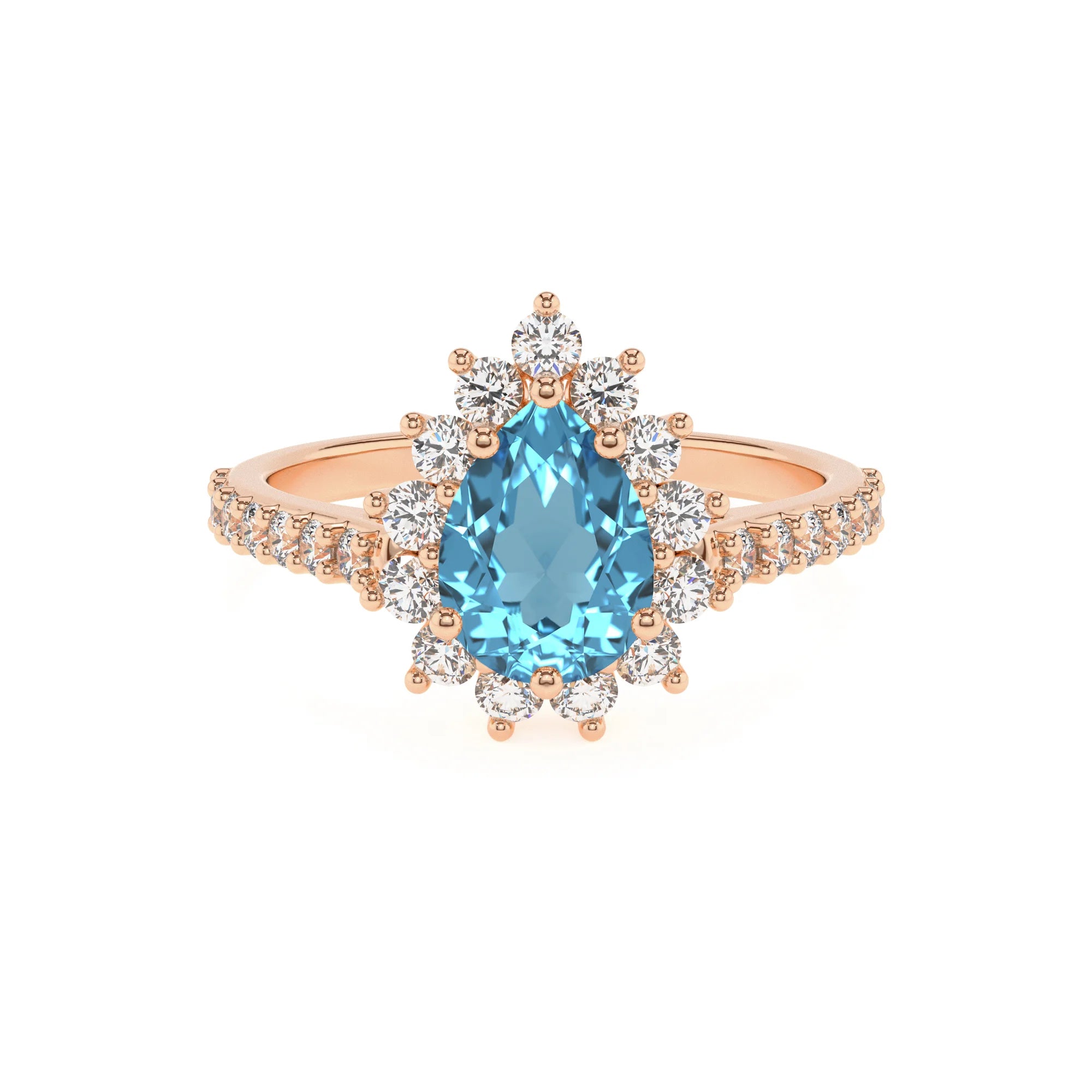 natural swiss-blue-topaz pear solitaire rings in rose gold