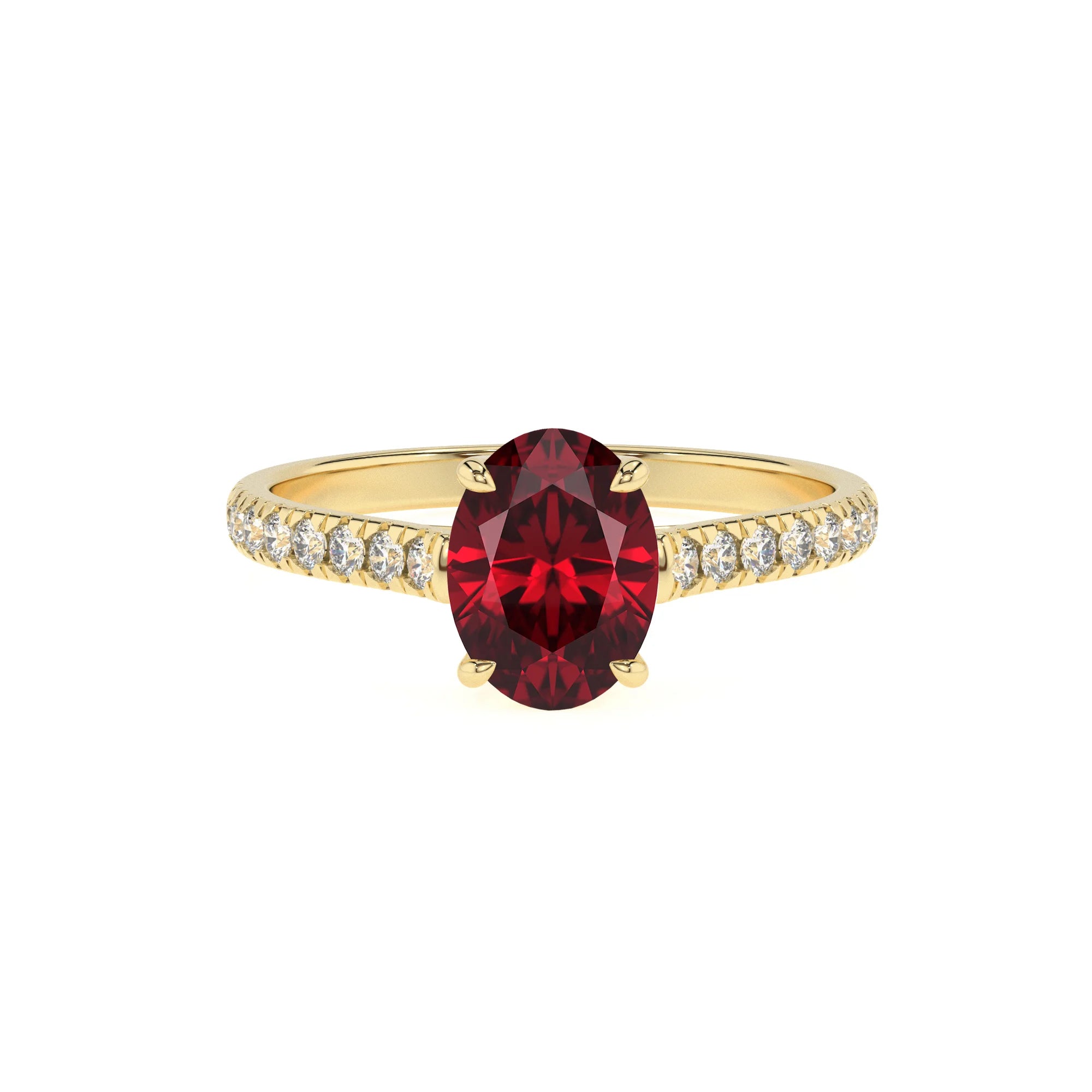 lab grown ruby oval half eternity solitaire engagement rings in yellow gold