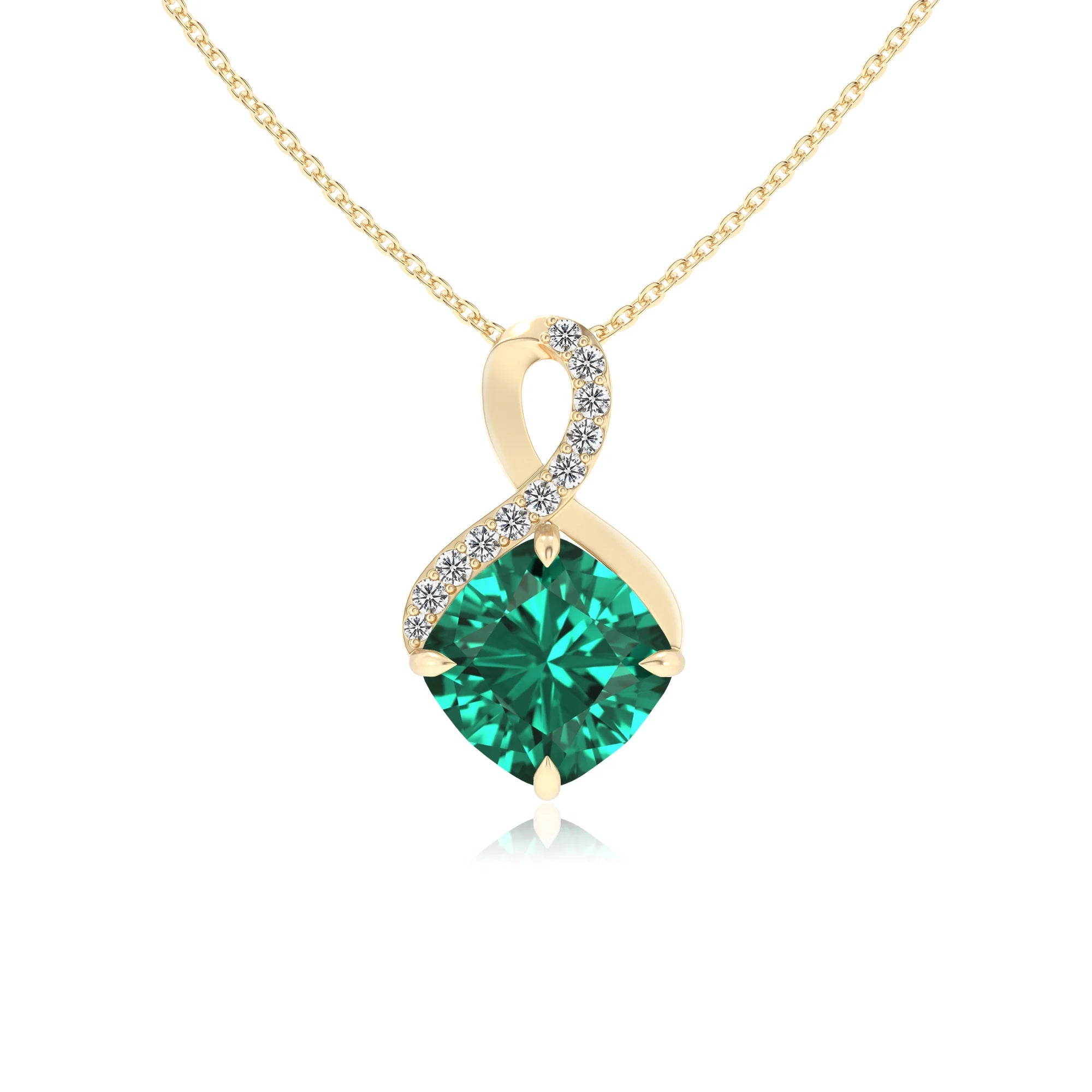lab grown emerald cushion infinity necklaces in yellow gold