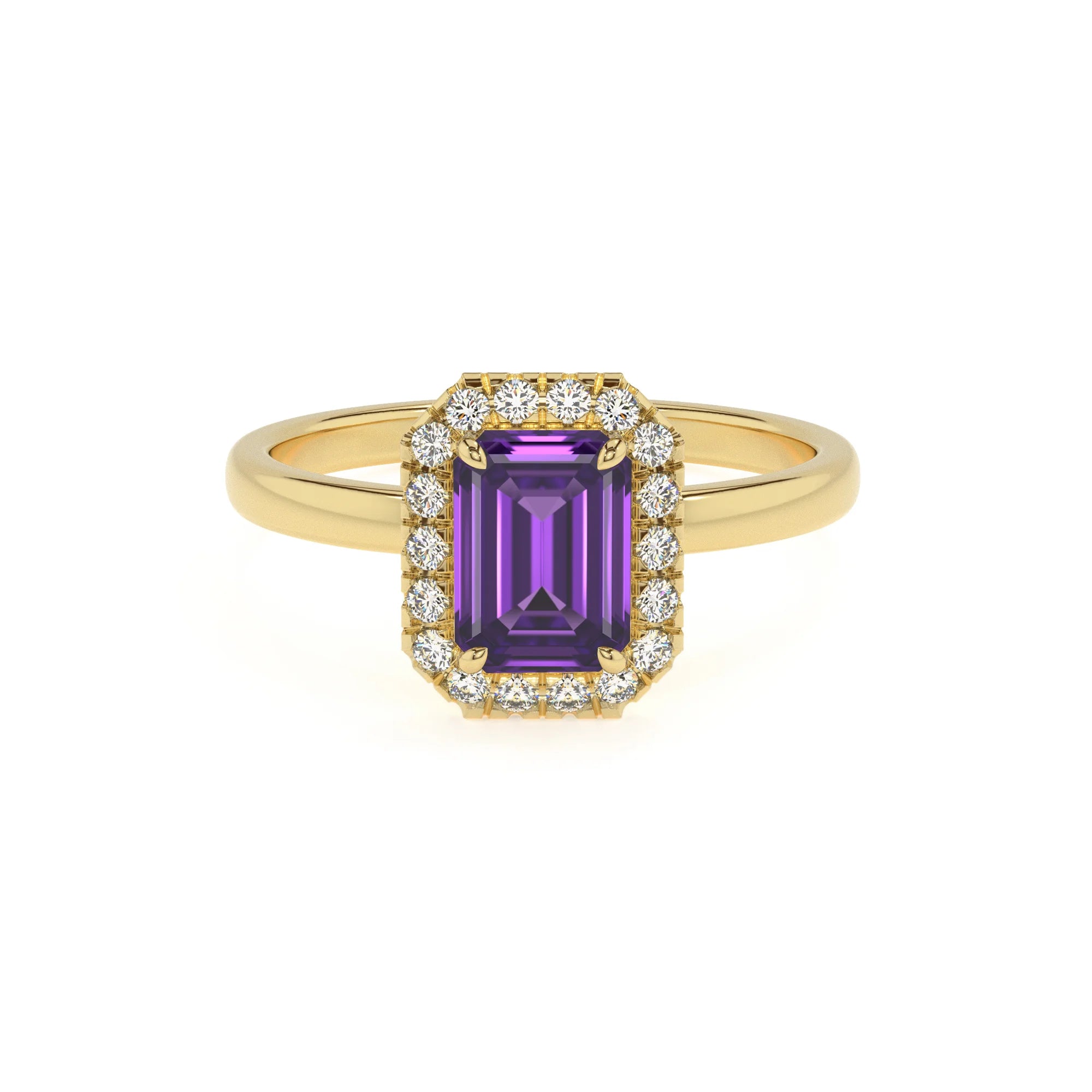 lab grown amethyst emerald cut solitaire rings in yellow gold