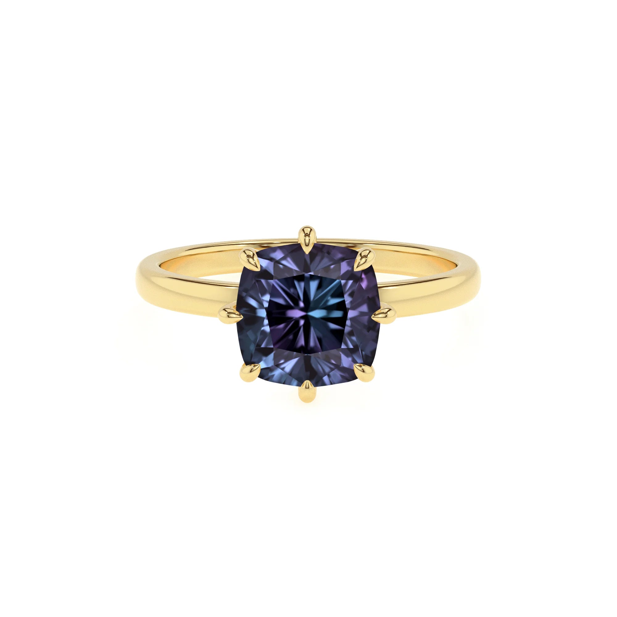 lab grown alexandrite cushion solitaire rings in yellow gold