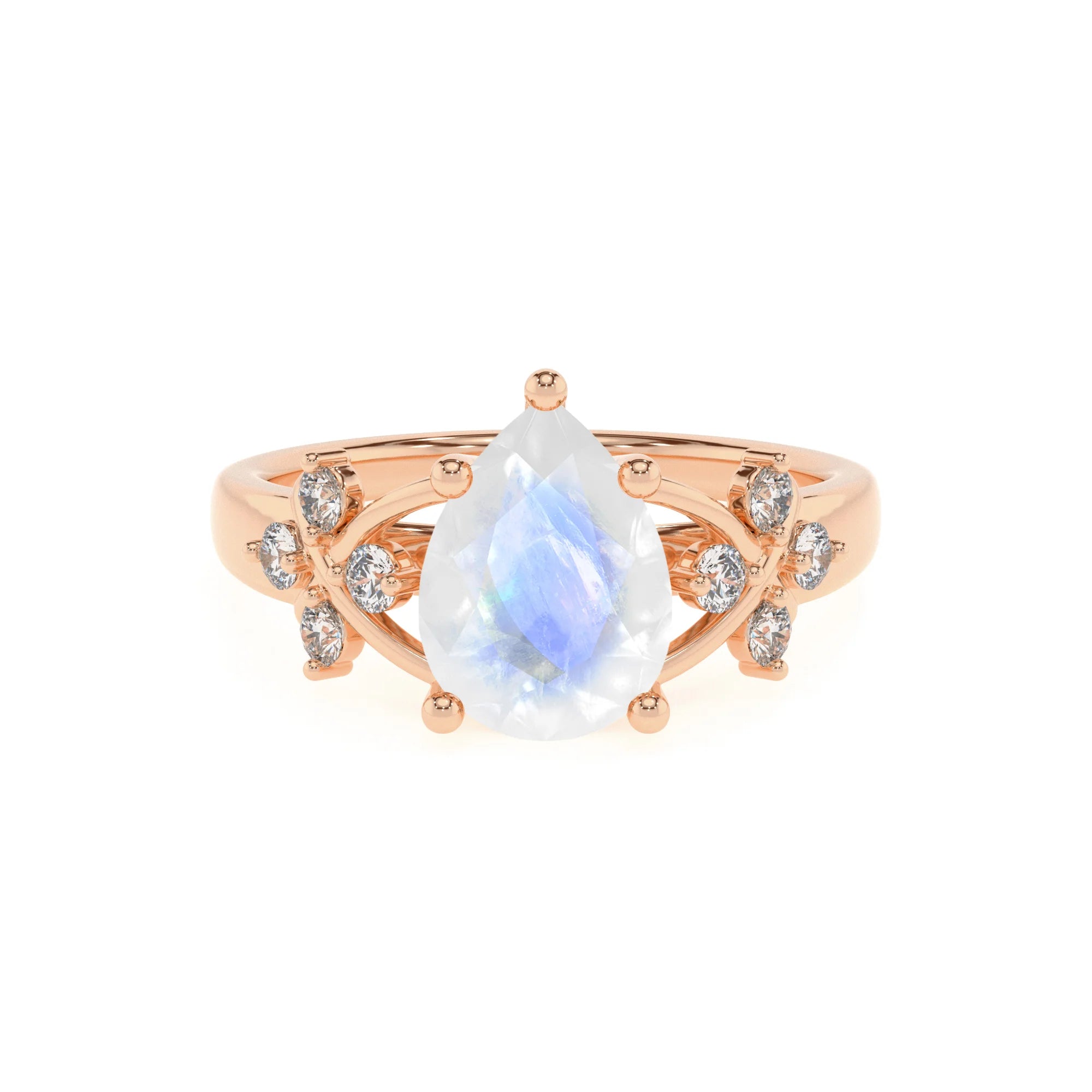 natural rainbow-moonstone pear solitaire rings in rose gold