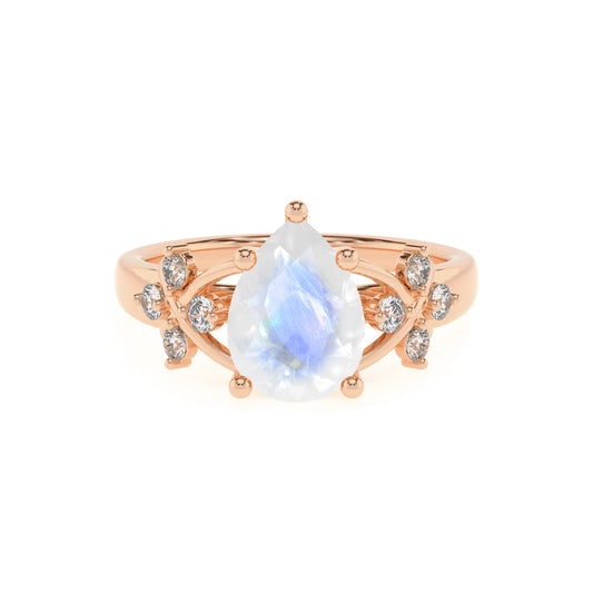 natural rainbow-moonstone pear solitaire rings in rose gold