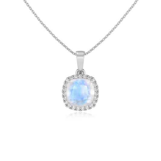natural rainbow-moonstone cushion solitaire necklaces in sterling silver