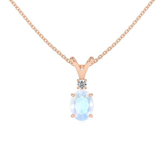 natural rainbow-moonstone oval solitaire v-bale necklaces in rose gold