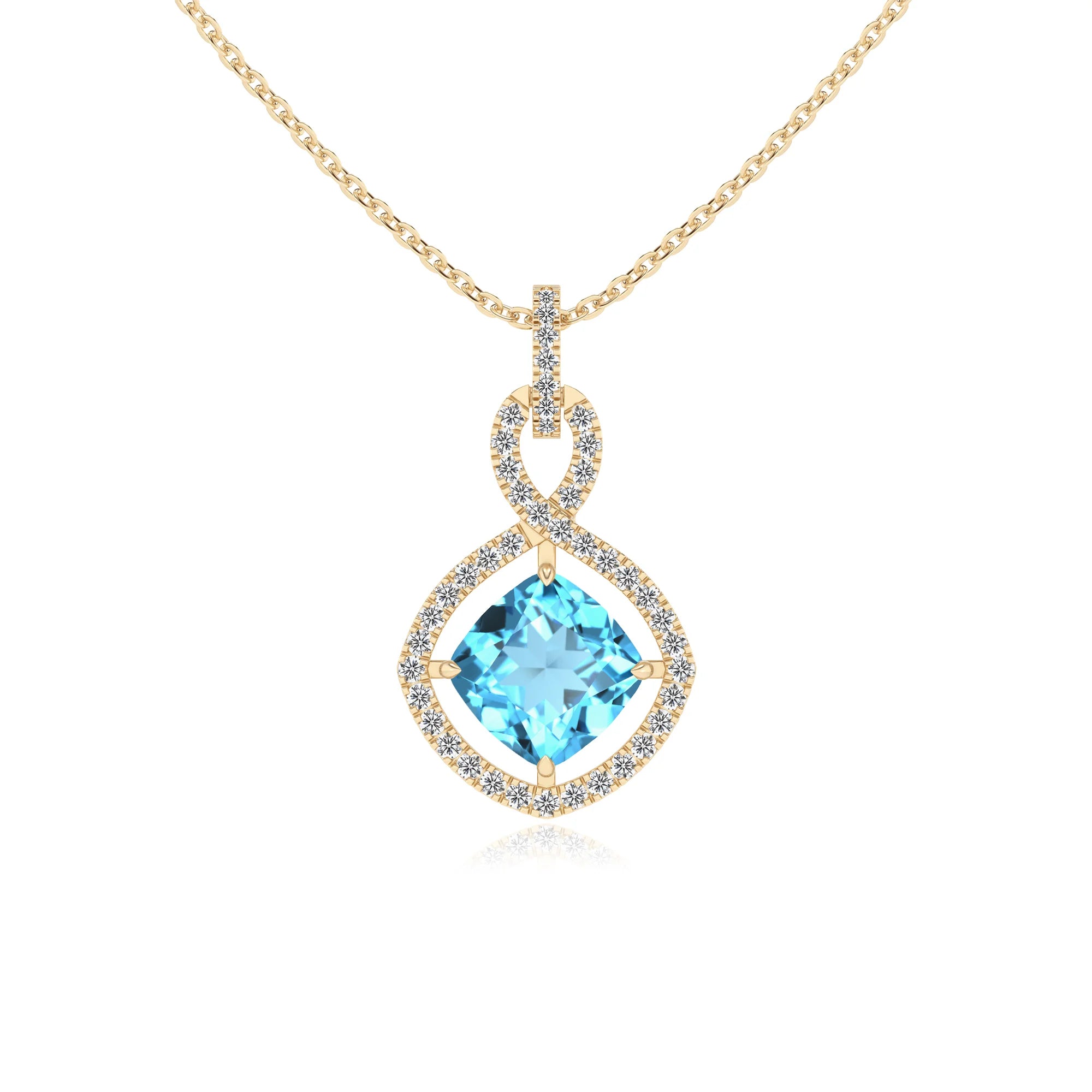 natural swiss-blue-topaz cushion infinity necklaces in yellow gold