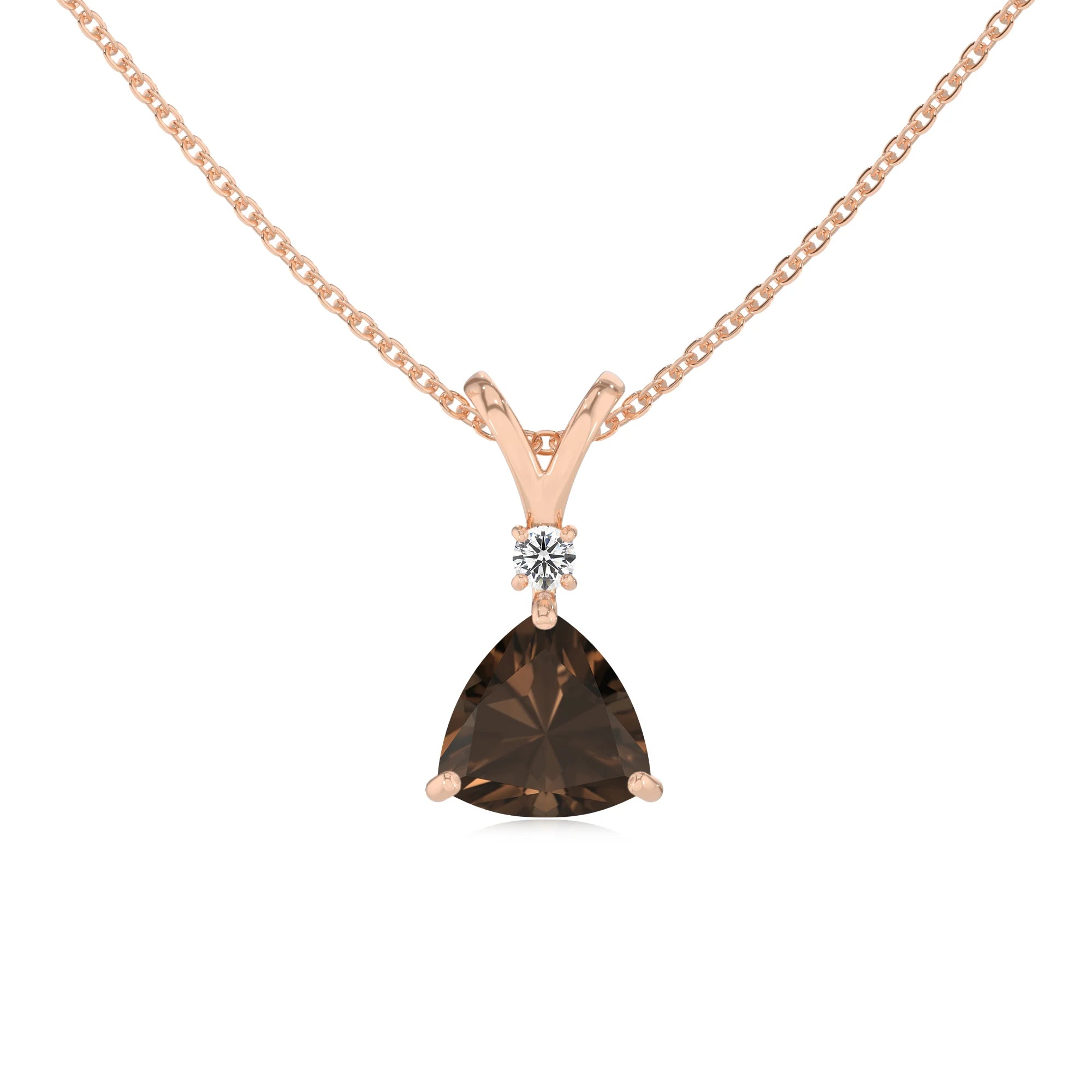 natural smoky-quartz trillion solitaire v-bale necklaces in rose gold