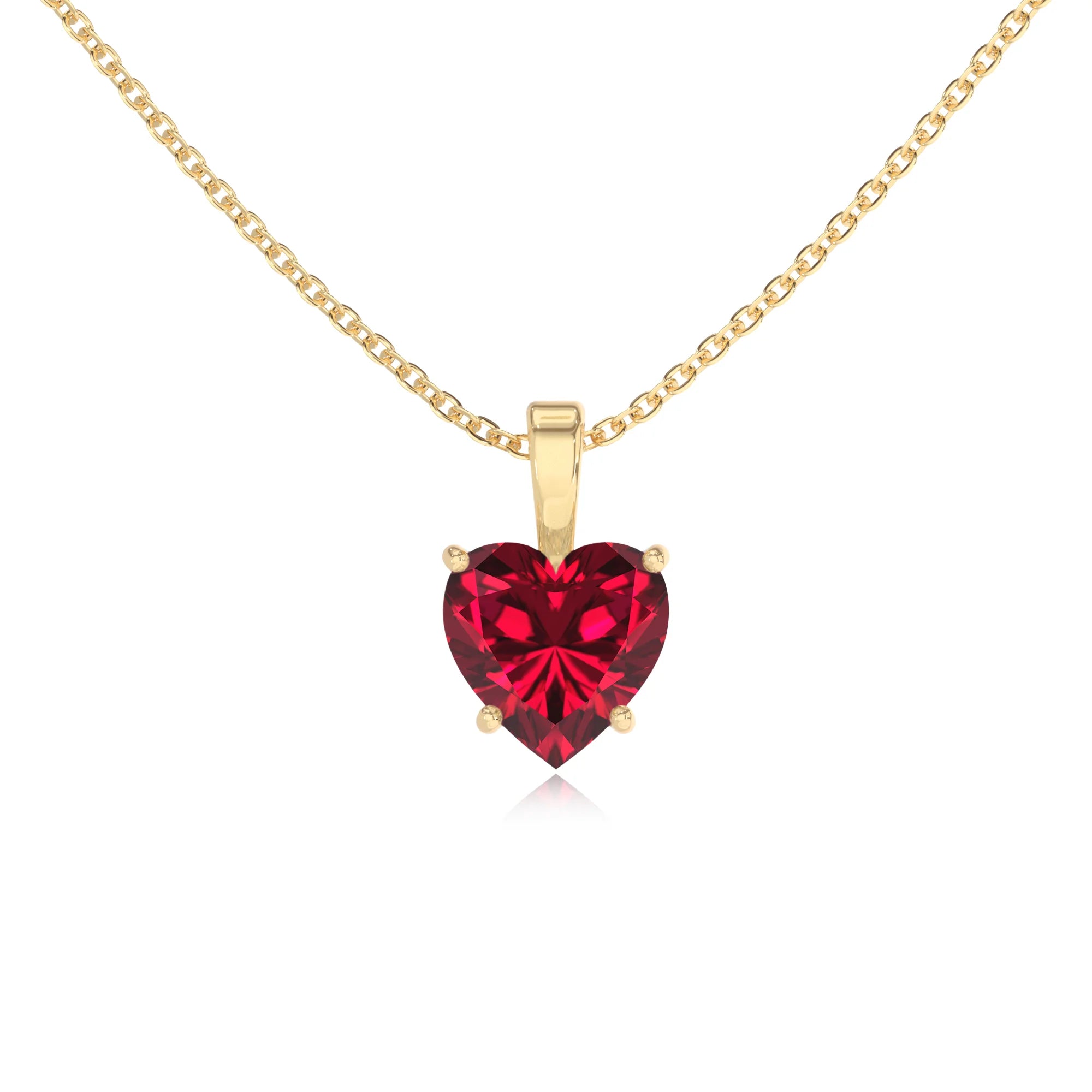lab grown ruby heart solitaire necklaces in yellow gold
