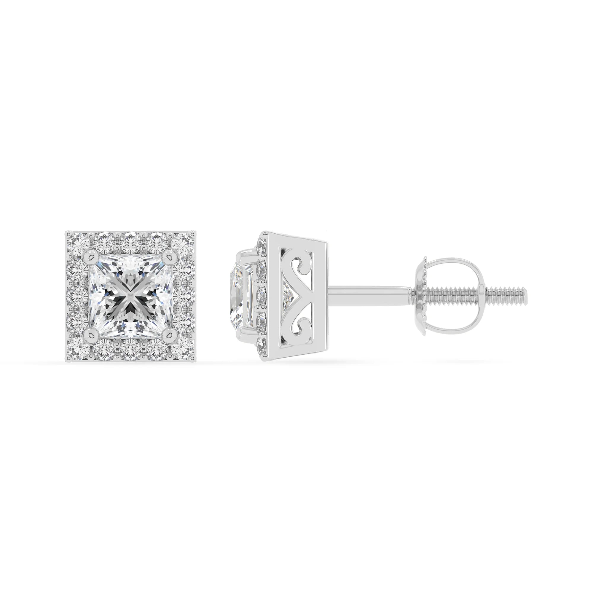 lab grown moissanite princess stud earrings in white gold