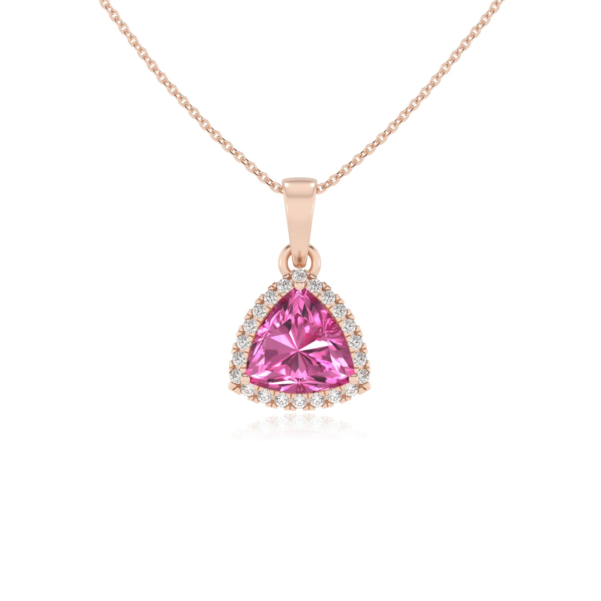lab grown pink-sapphire trillion solitaire necklaces in rose gold