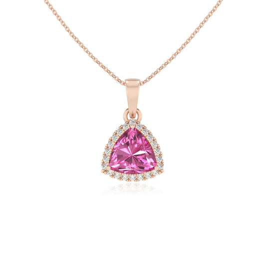 lab grown pink-sapphire trillion solitaire necklaces in rose gold