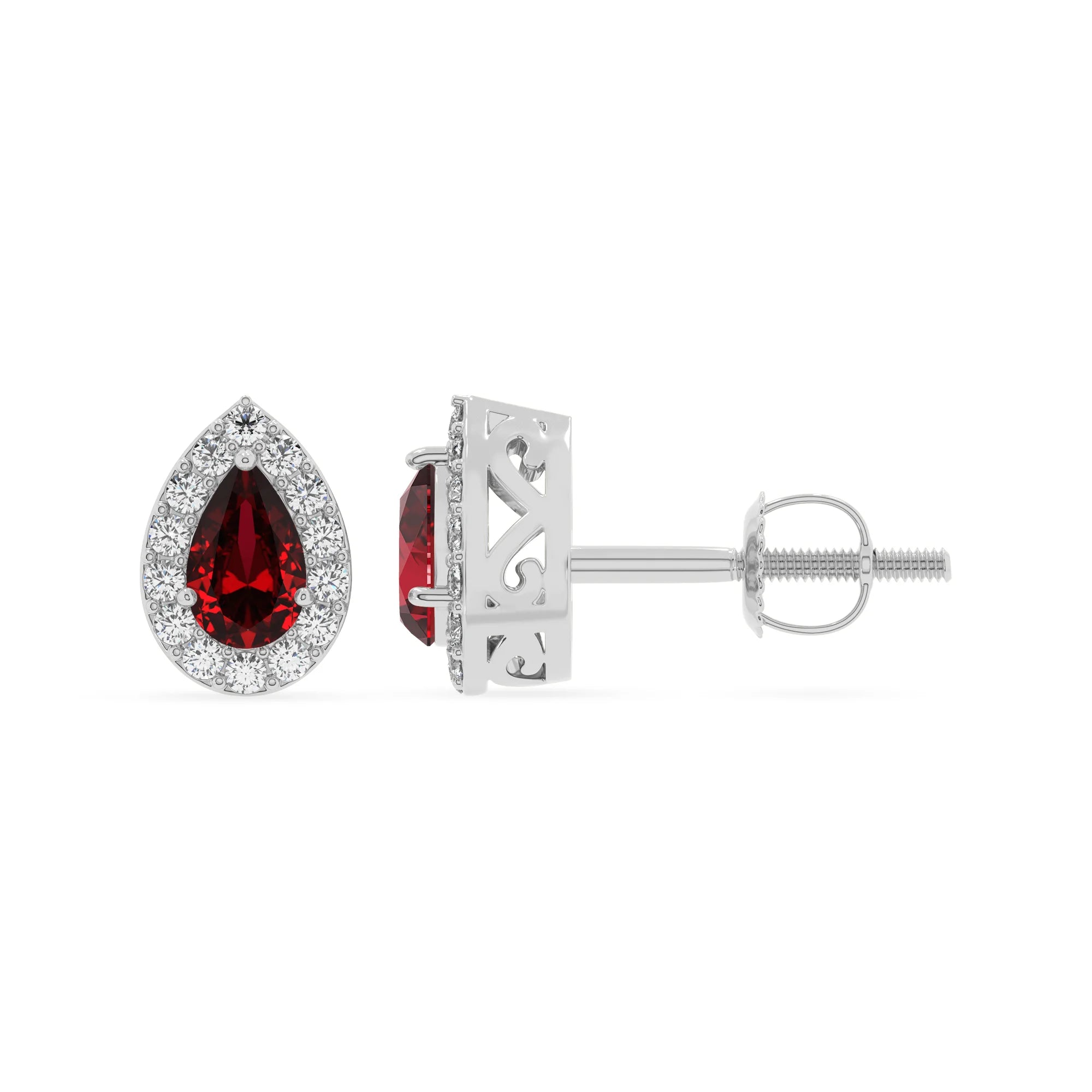 lab grown ruby pear stud earrings in white gold