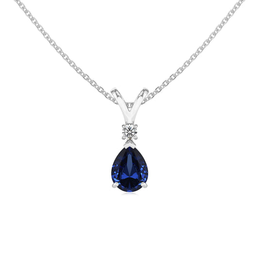lab grown blue-sapphire pear solitaire v-bale necklaces in sterling silver