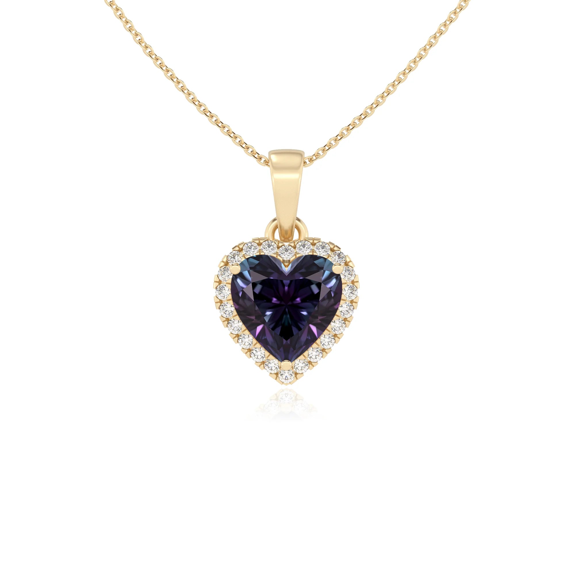 lab grown alexandrite heart solitaire necklaces in yellow gold