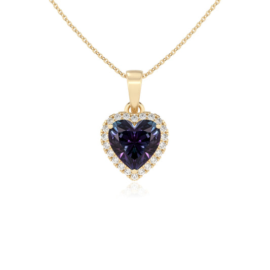 lab grown alexandrite heart solitaire necklaces in yellow gold