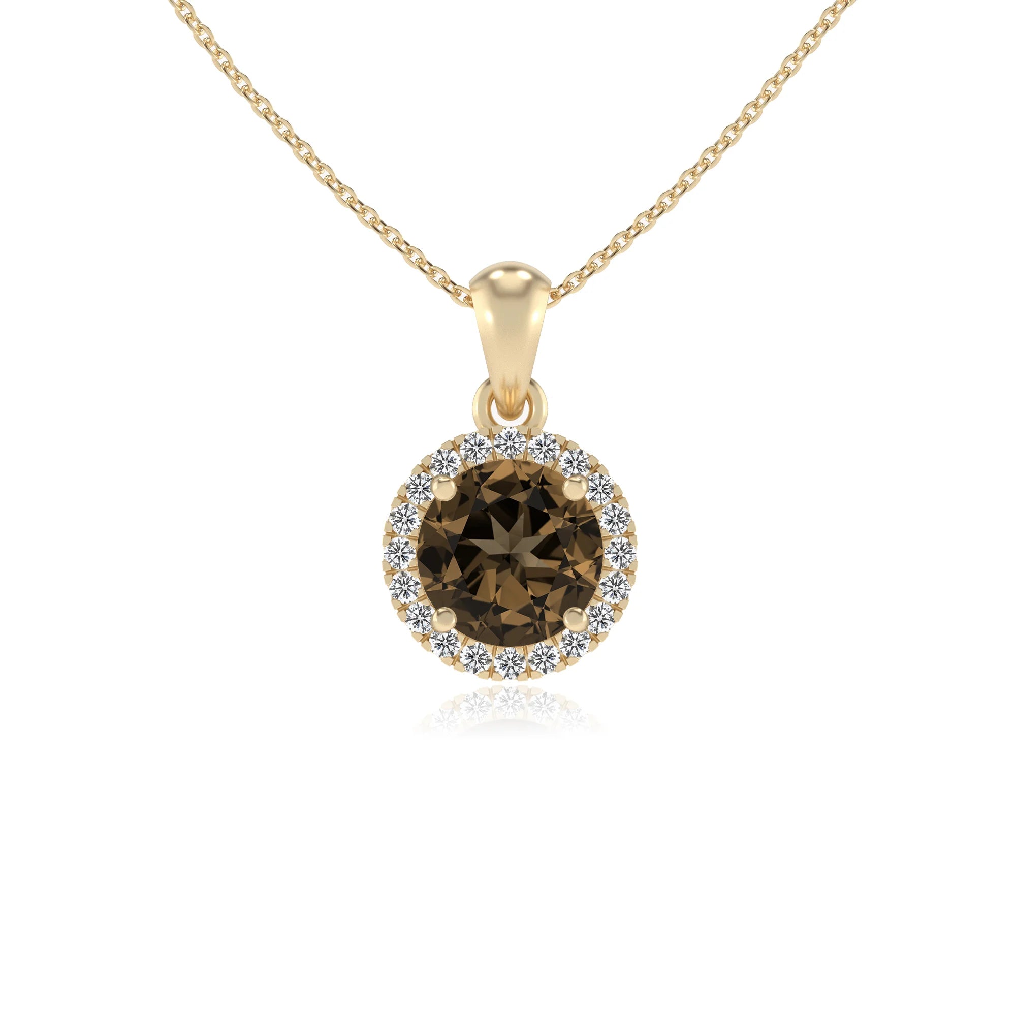 natural smoky-quartz round solitaire necklaces in yellow gold