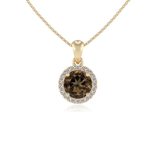 natural smoky-quartz round solitaire necklaces in yellow gold