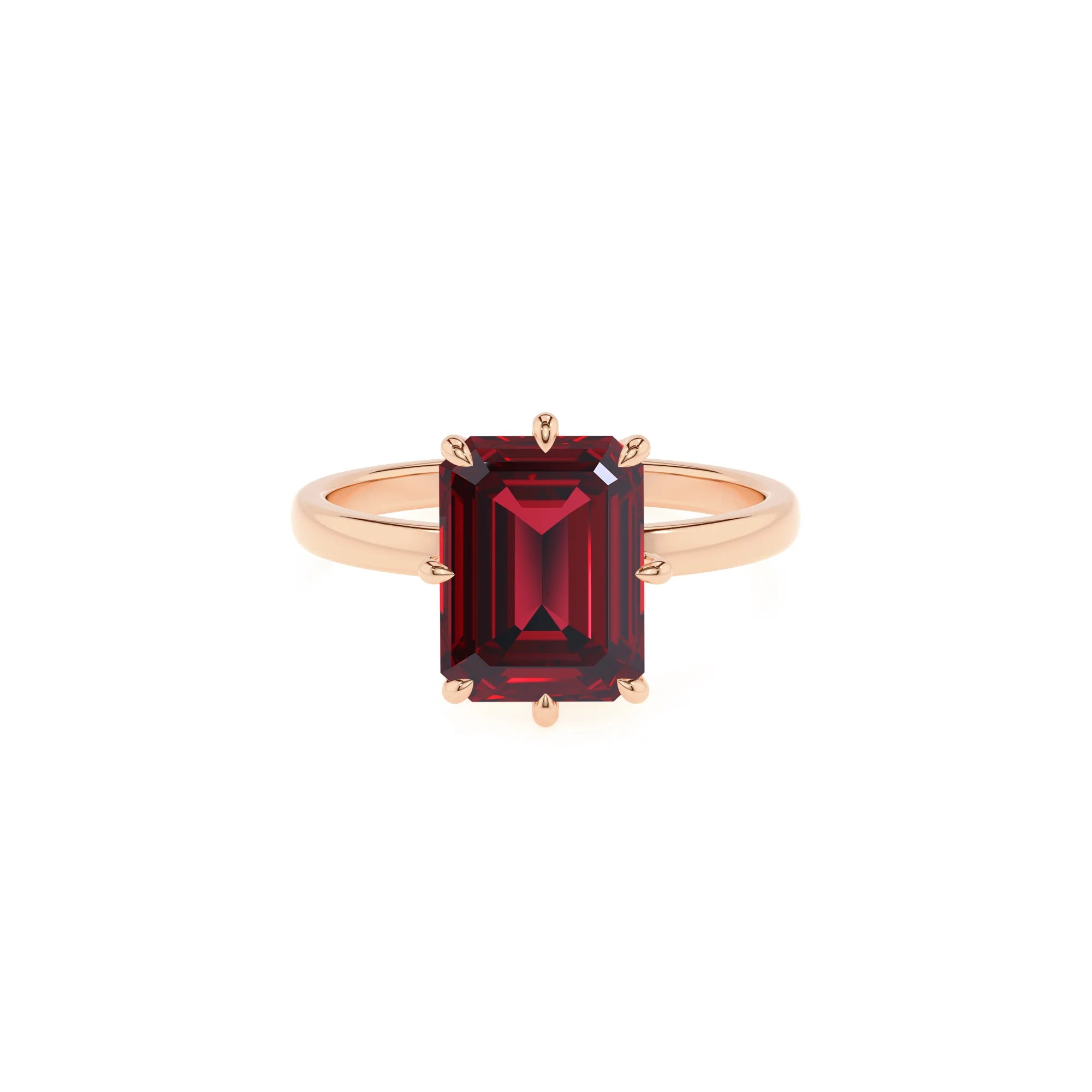 lab grown ruby emerald cut solitaire rings in rose gold