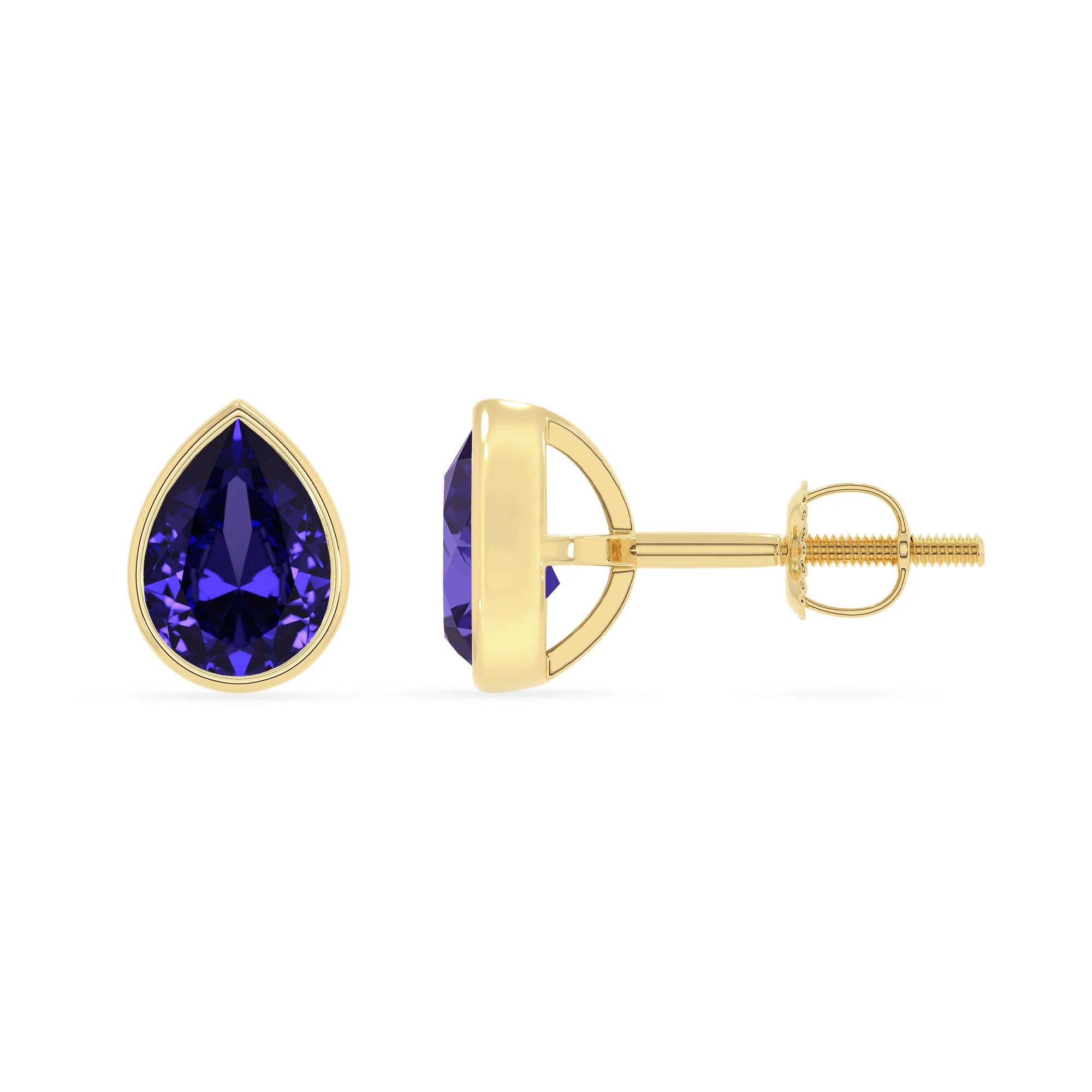 lab grown tanzanite pear stud earrings in yellow gold