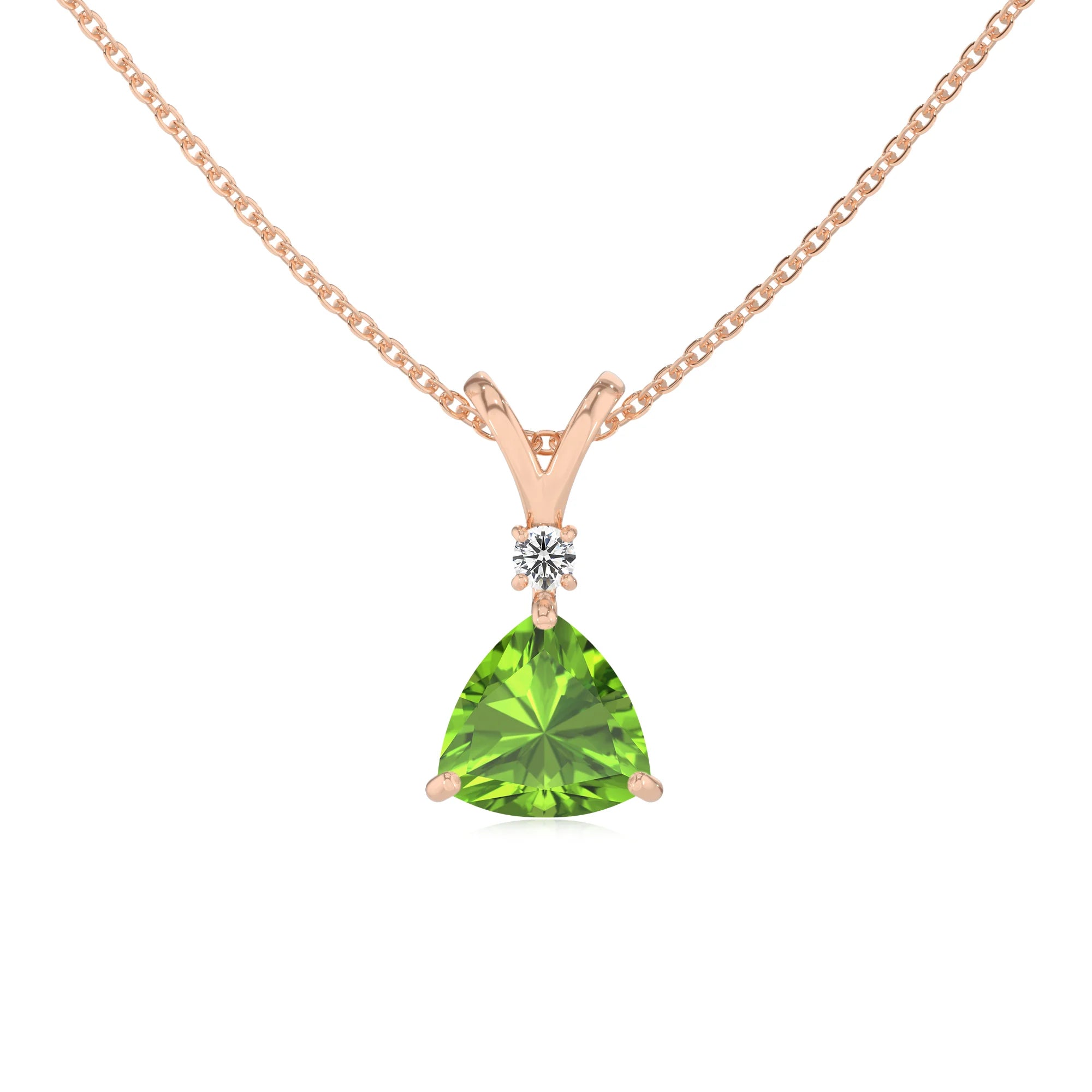 natural peridot trillion solitaire v-bale necklaces in rose gold
