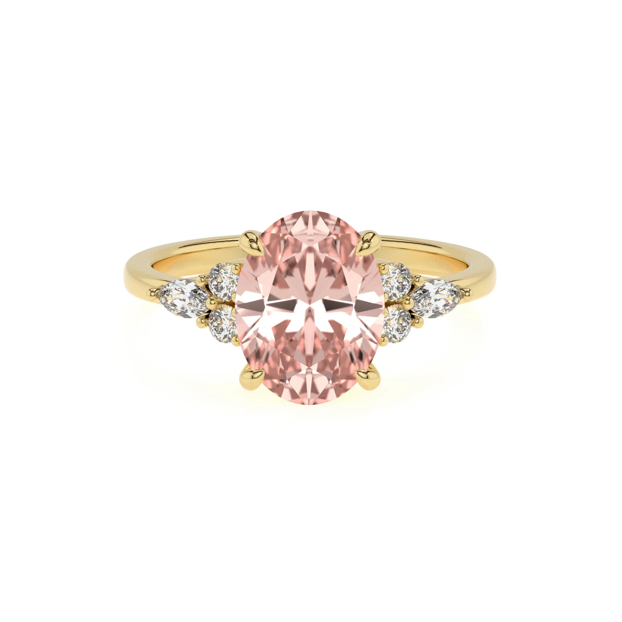 lab grown morganite oval solitaire rings in yellow gold
