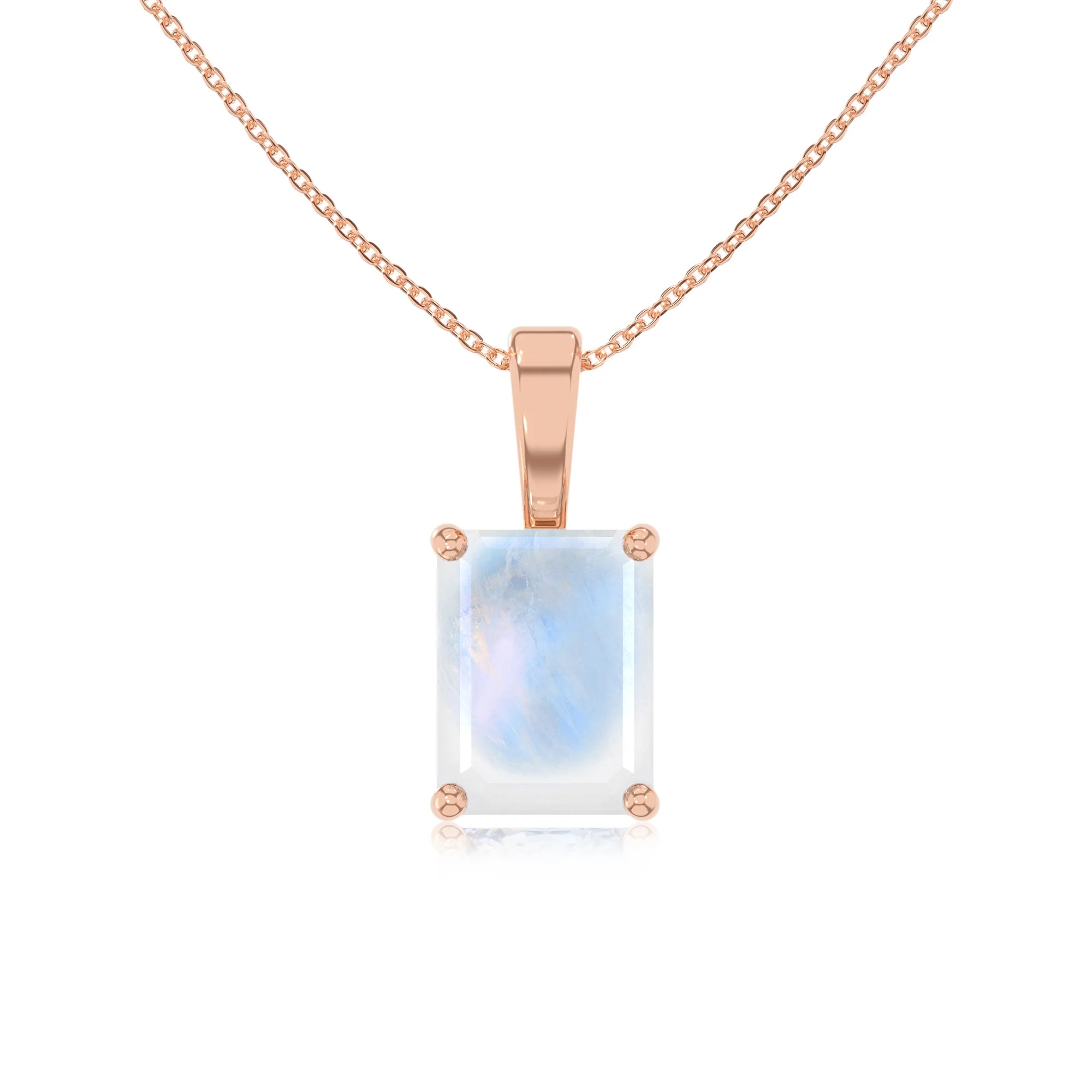 natural rainbow-moonstone emerald cut solitaire necklaces in rose gold