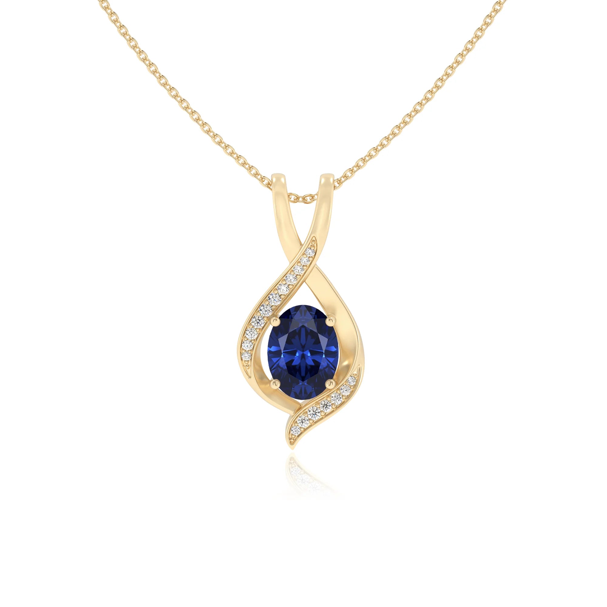 lab grown blue-sapphire oval solitaire necklaces in yellow gold