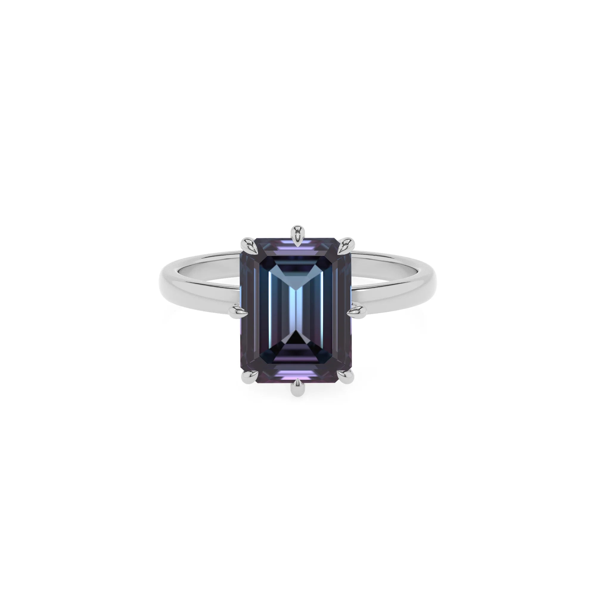 lab grown alexandrite emerald cut solitaire rings in white gold