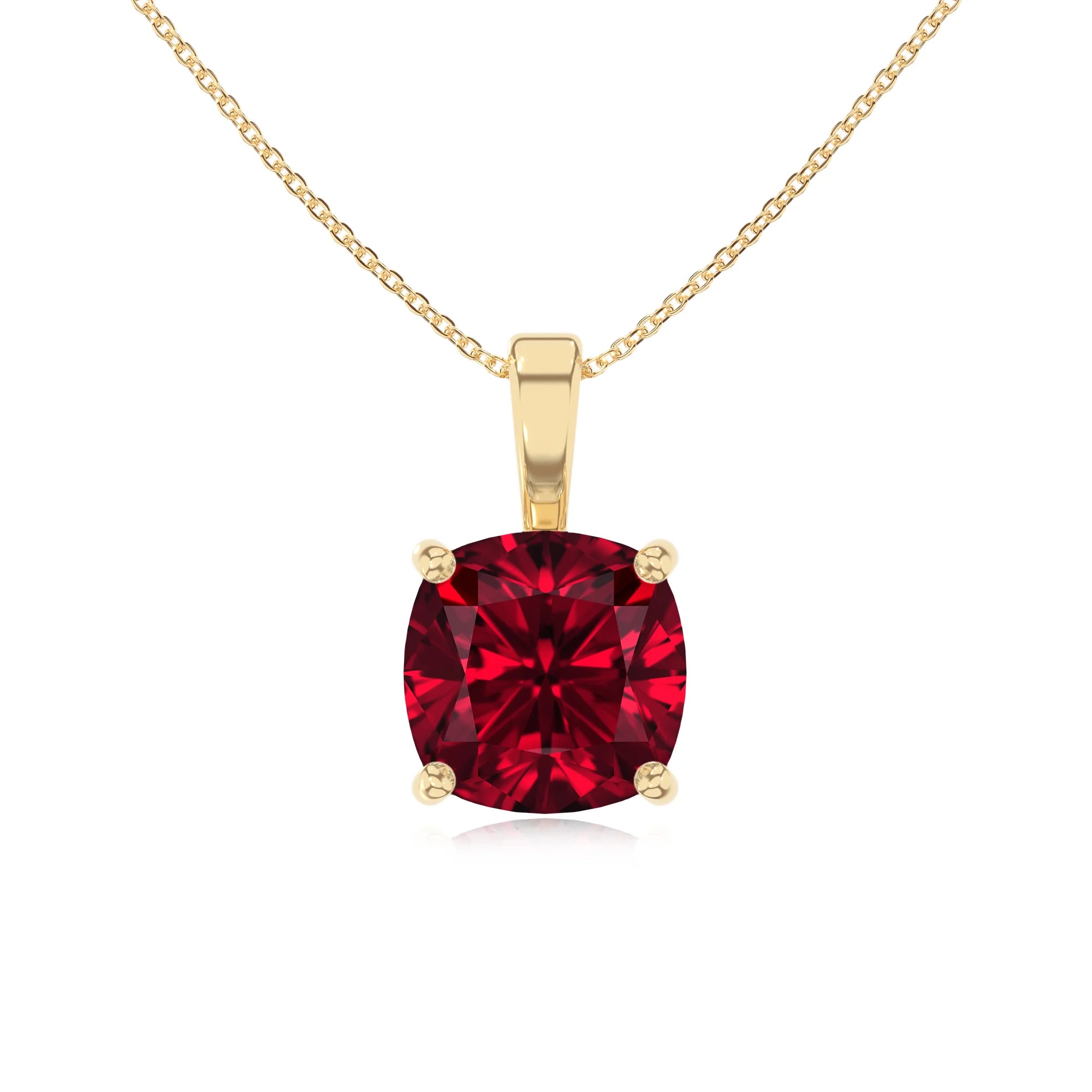 lab grown ruby cushion solitaire necklaces in yellow gold