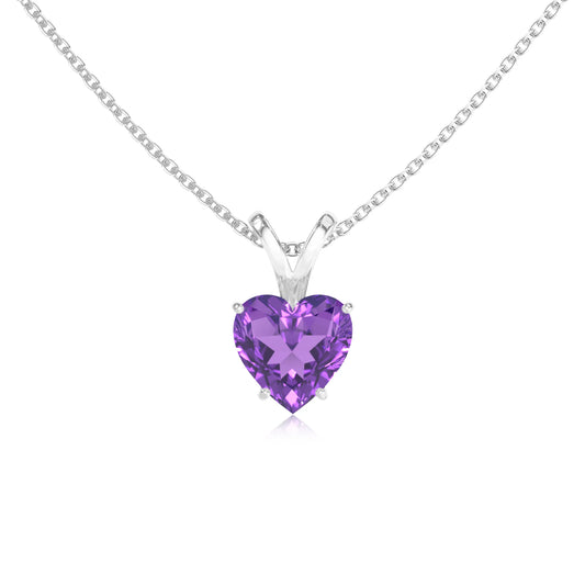 lab grown amethyst heart solitaire v-bale necklaces in platinum