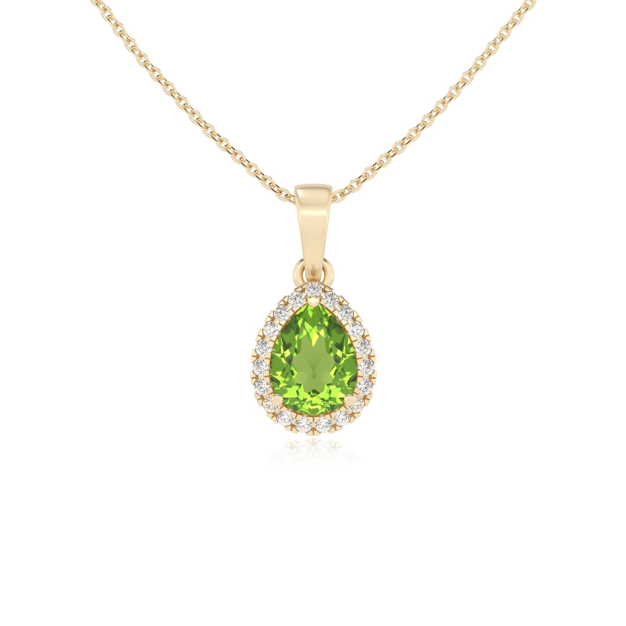 natural peridot pear solitaire necklaces in yellow gold