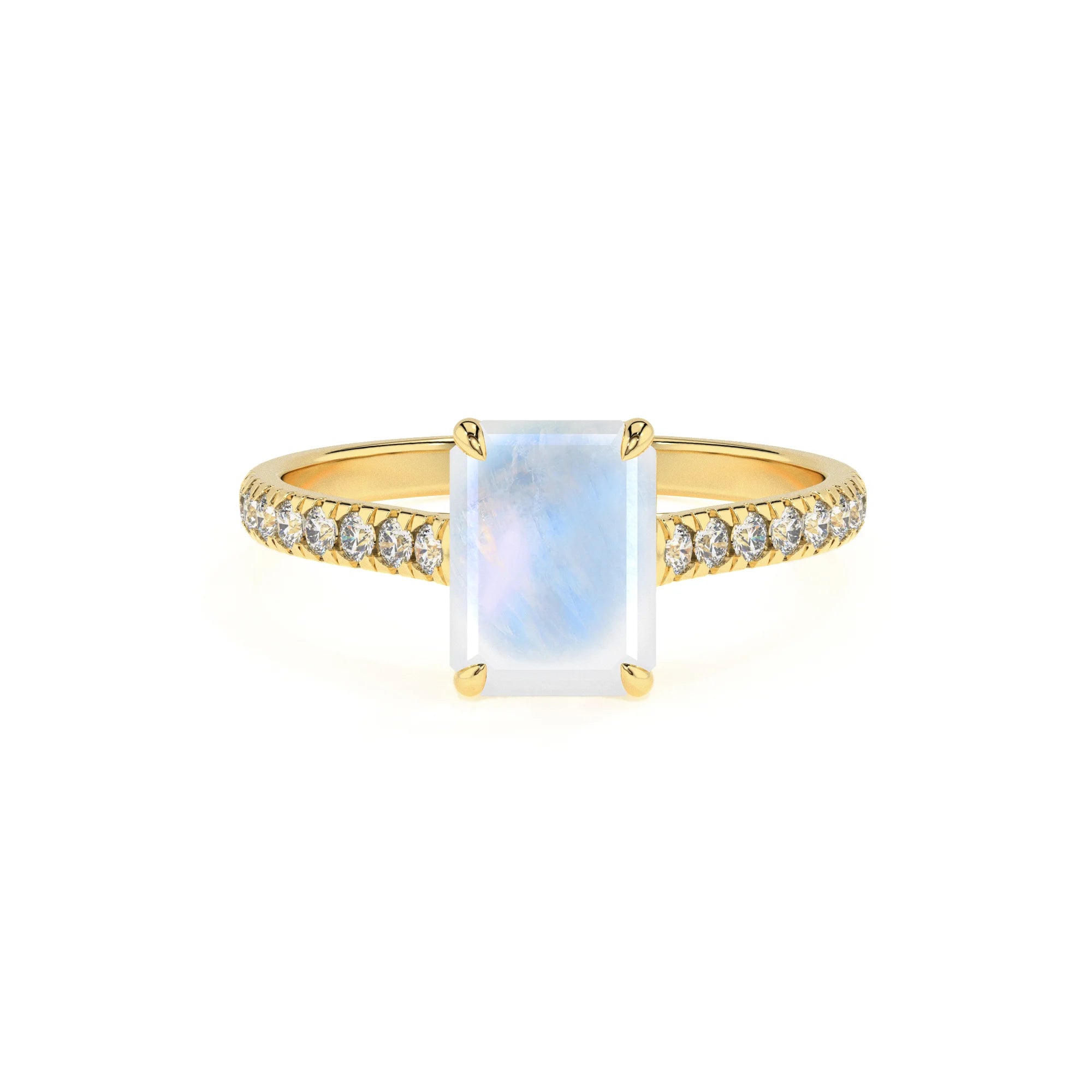 natural rainbow-moonstone emerald cut half eternity solitaire engagement rings in yellow gold