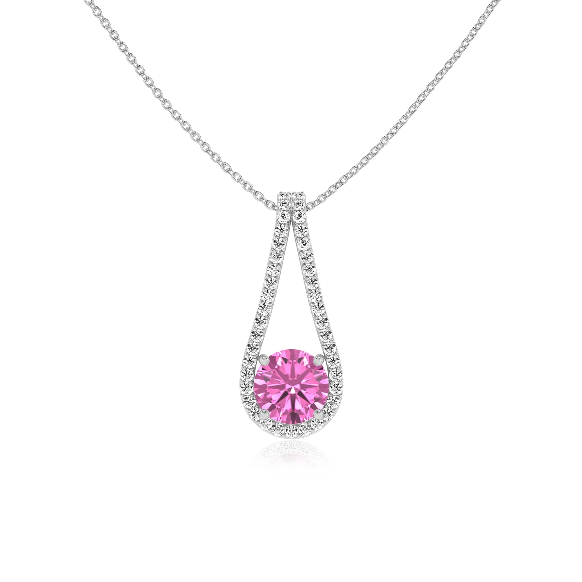 lab grown pink-sapphire round solitaire v-bale necklaces in sterling silver