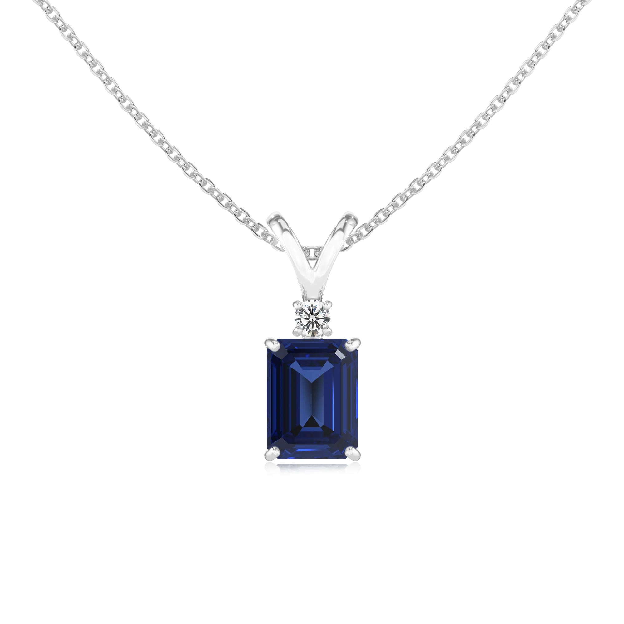 lab grown blue-sapphire emerald cut solitaire v-bale necklaces in sterling silver