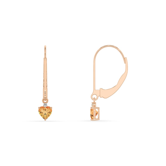 lab grown citrine heart drop earrings in rose gold