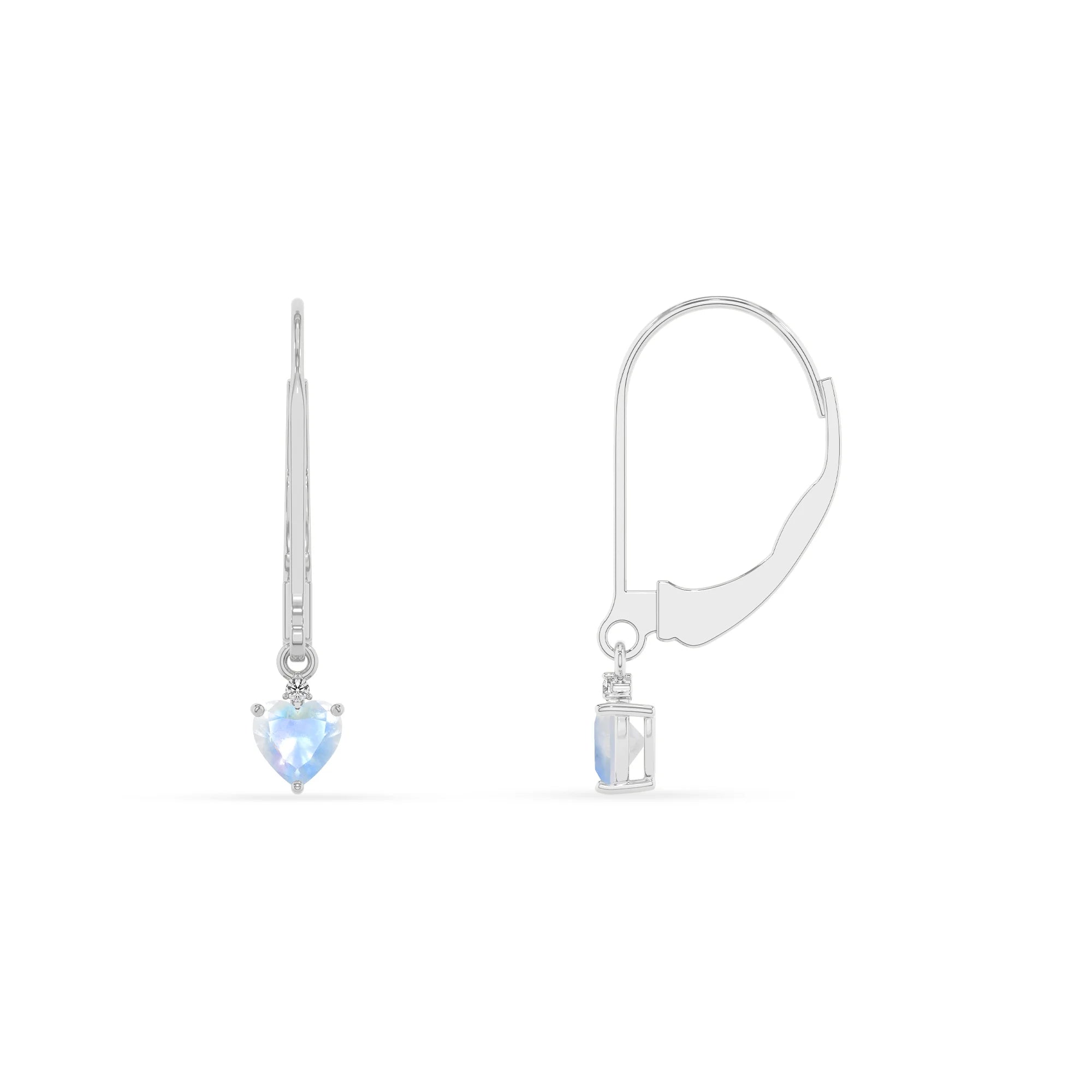 natural rainbow moonstone heart drop earrings in white gold