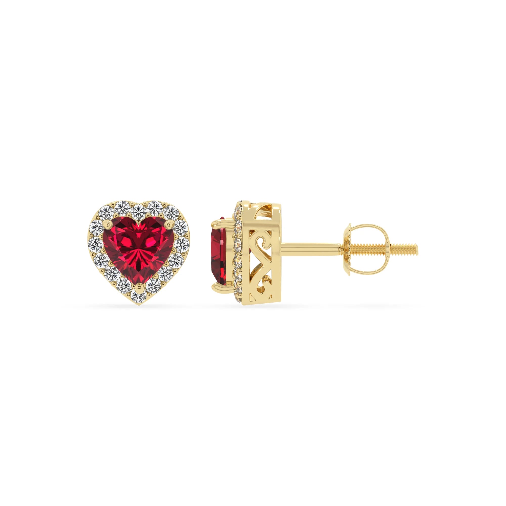 lab grown ruby heart stud earrings in yellow gold