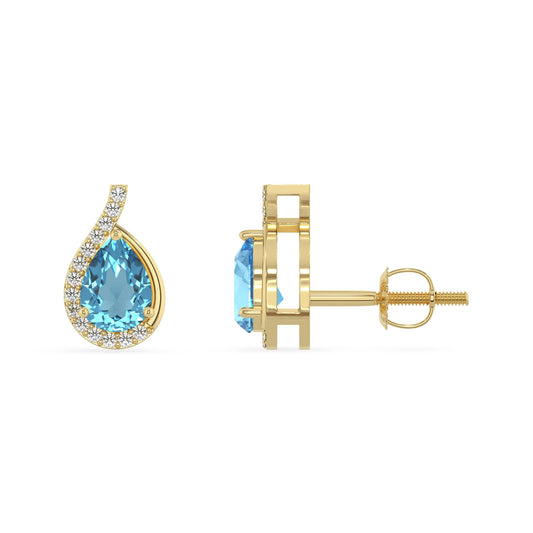natural swiss blue topaz pear stud earrings in yellow gold