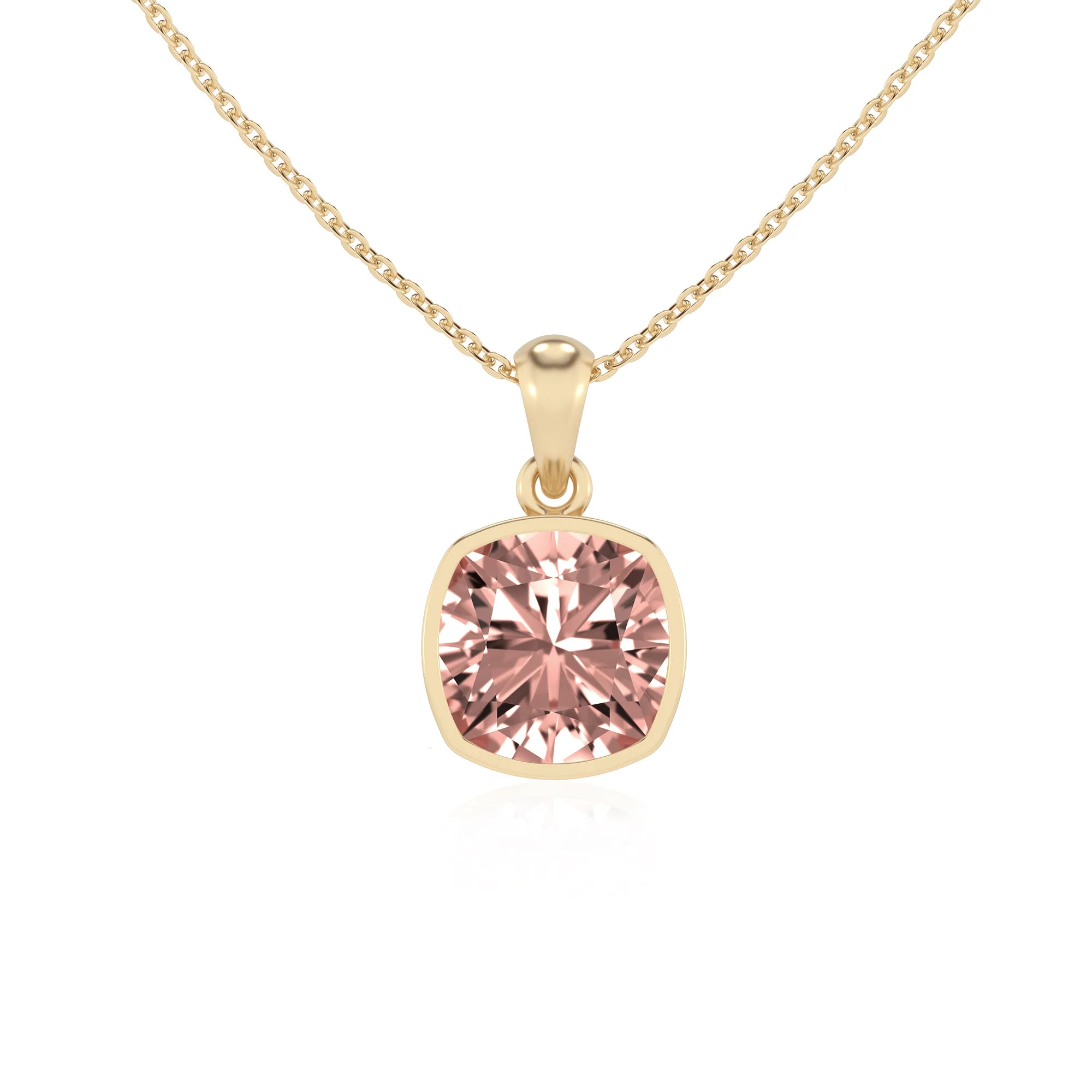 lab grown morganite cushion solitaire necklaces in yellow gold