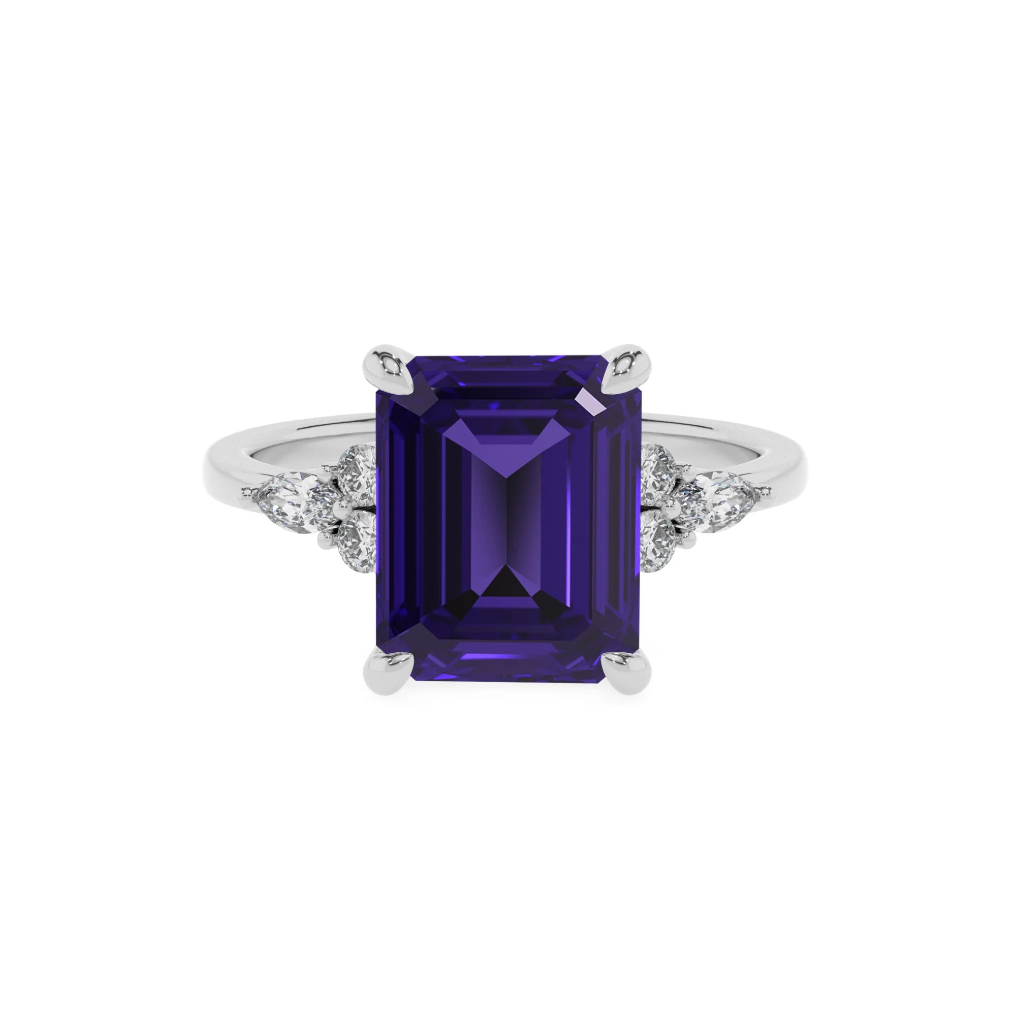 lab grown tanzanite emerald cut solitaire rings in platinum