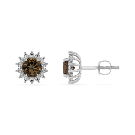 natural smoky quartz round stud earrings in platinum