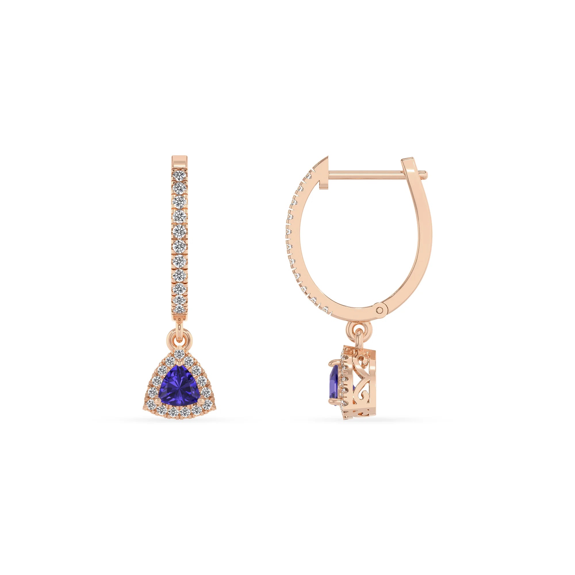 lab grown tanzanite trillion drop earrings in rose gold