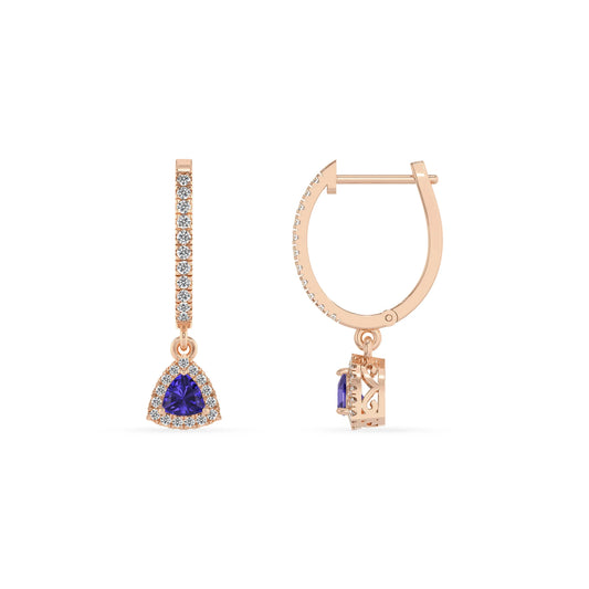lab grown tanzanite trillion drop earrings in rose gold