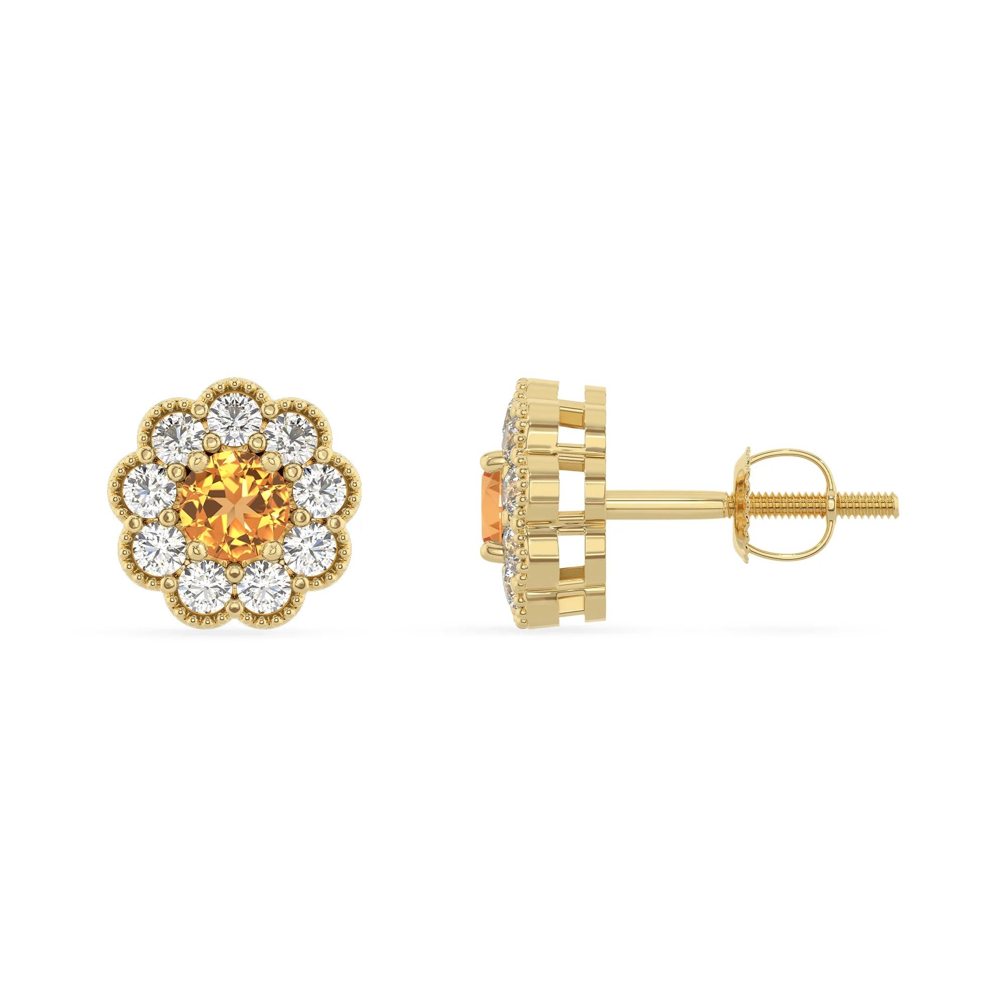 lab grown citrine round stud earrings in yellow gold