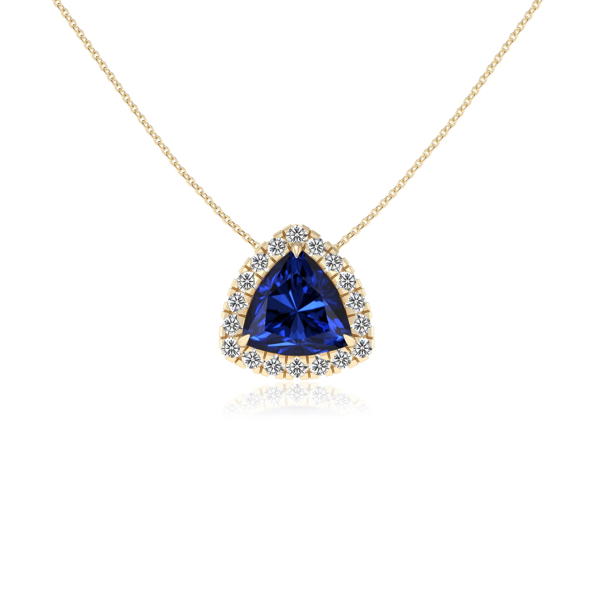 lab grown blue sapphire trillion solitaire necklaces in yellow gold