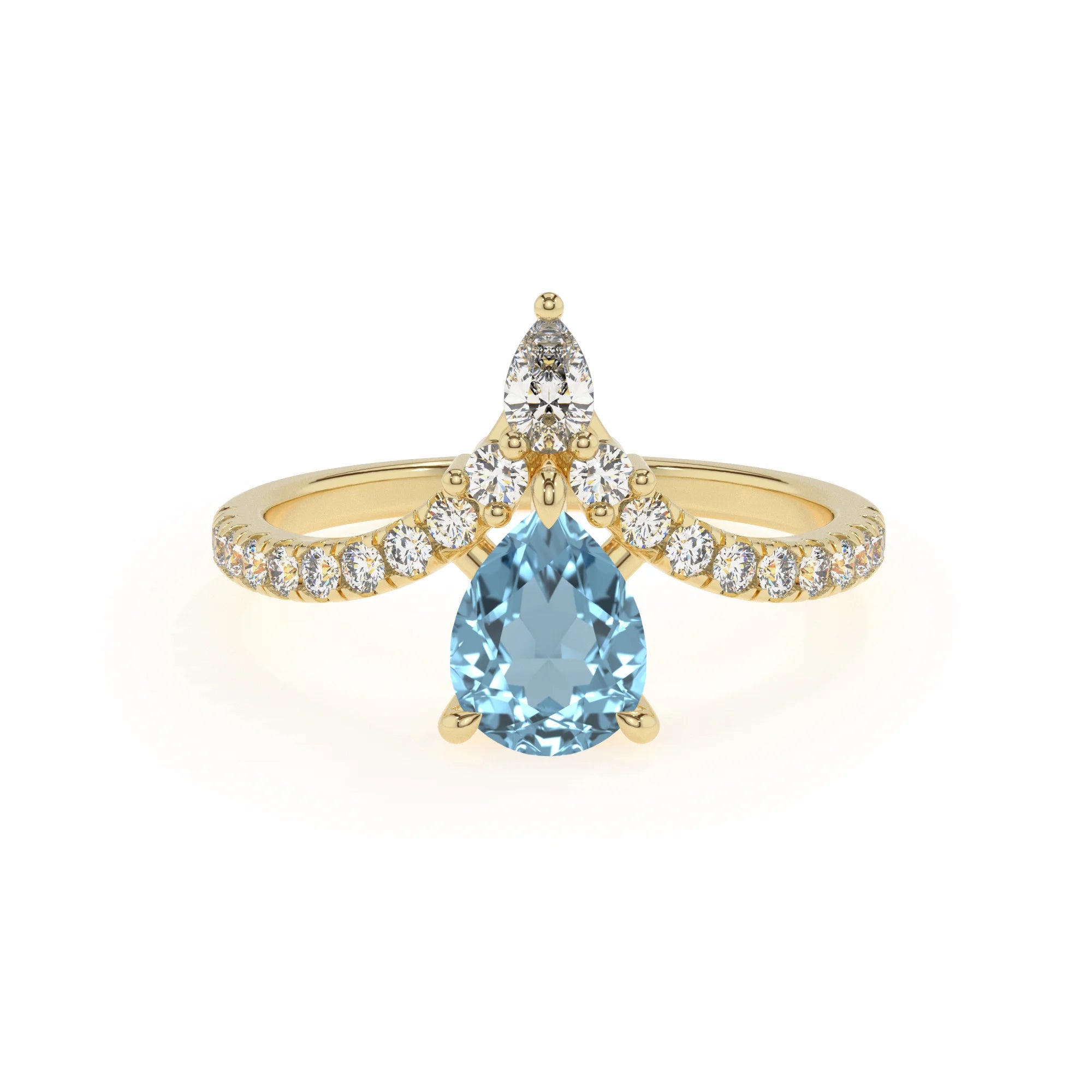 lab grown aquamarine pear solitaire rings in yellow gold